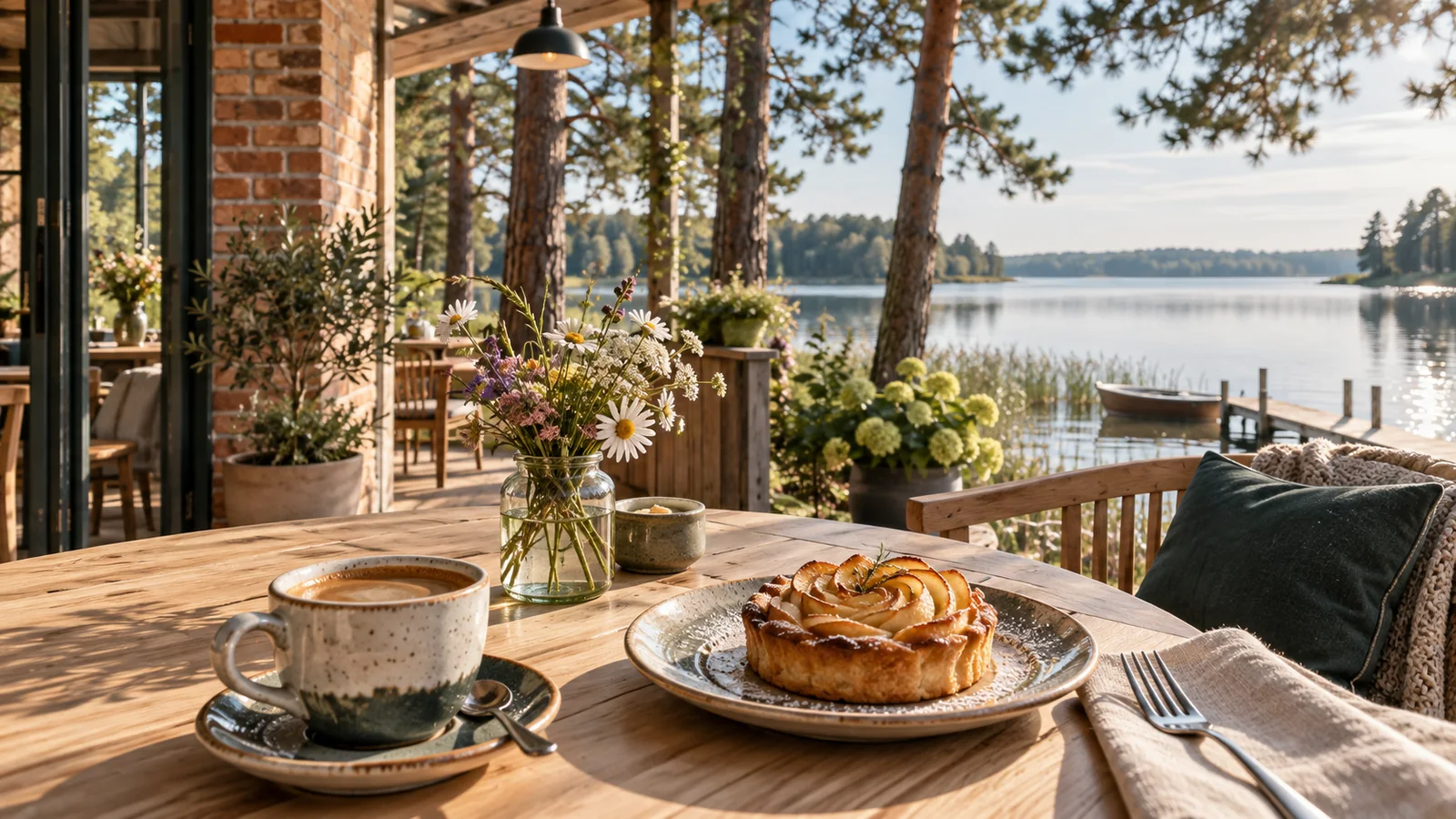 Konzeptbild einer Caféterrasse mit Kaffee, Apfeltarte und Blick zum See