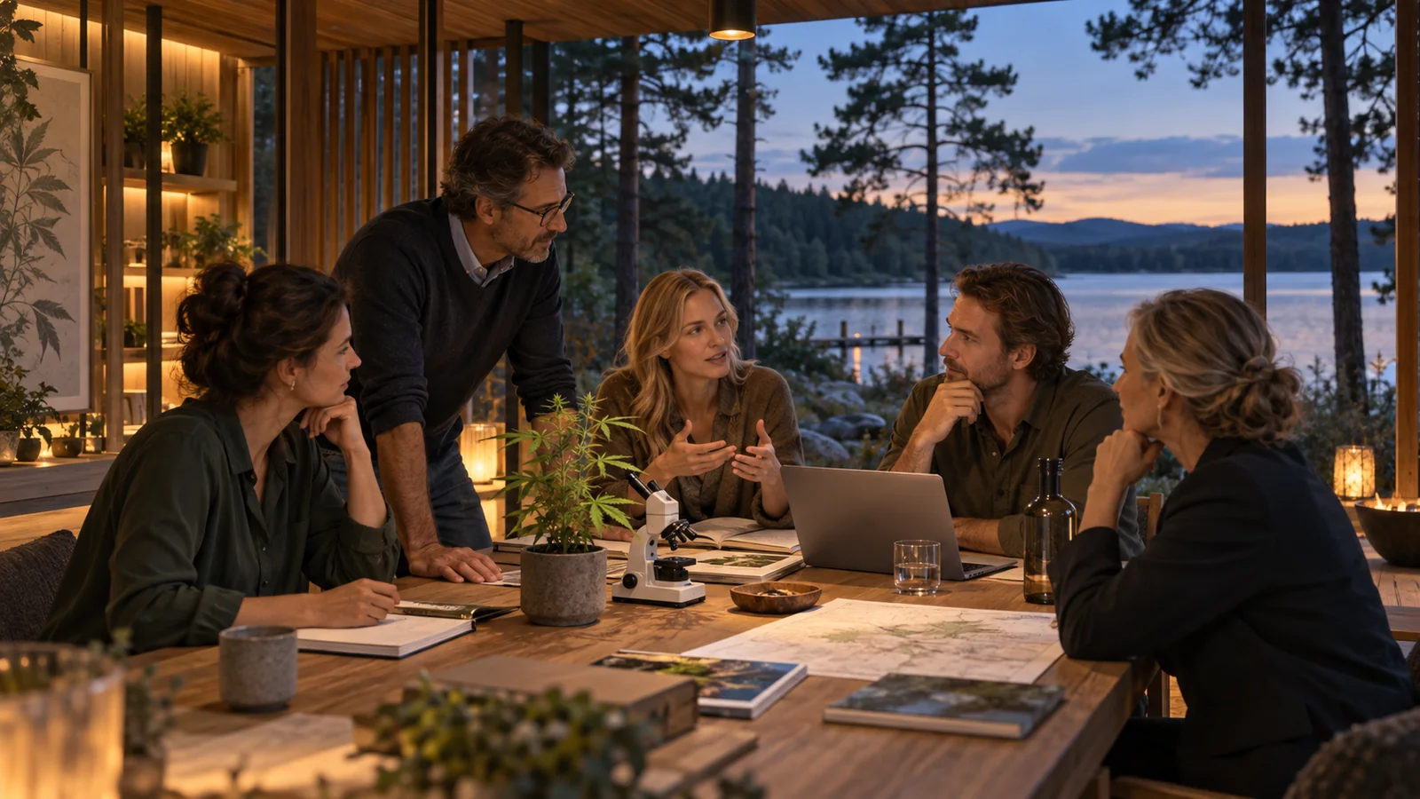 Konzeptvisualisierung einer kleinen fachlichen Gesprächsrunde mit Pflanzenkunde und Blick in die Landschaft