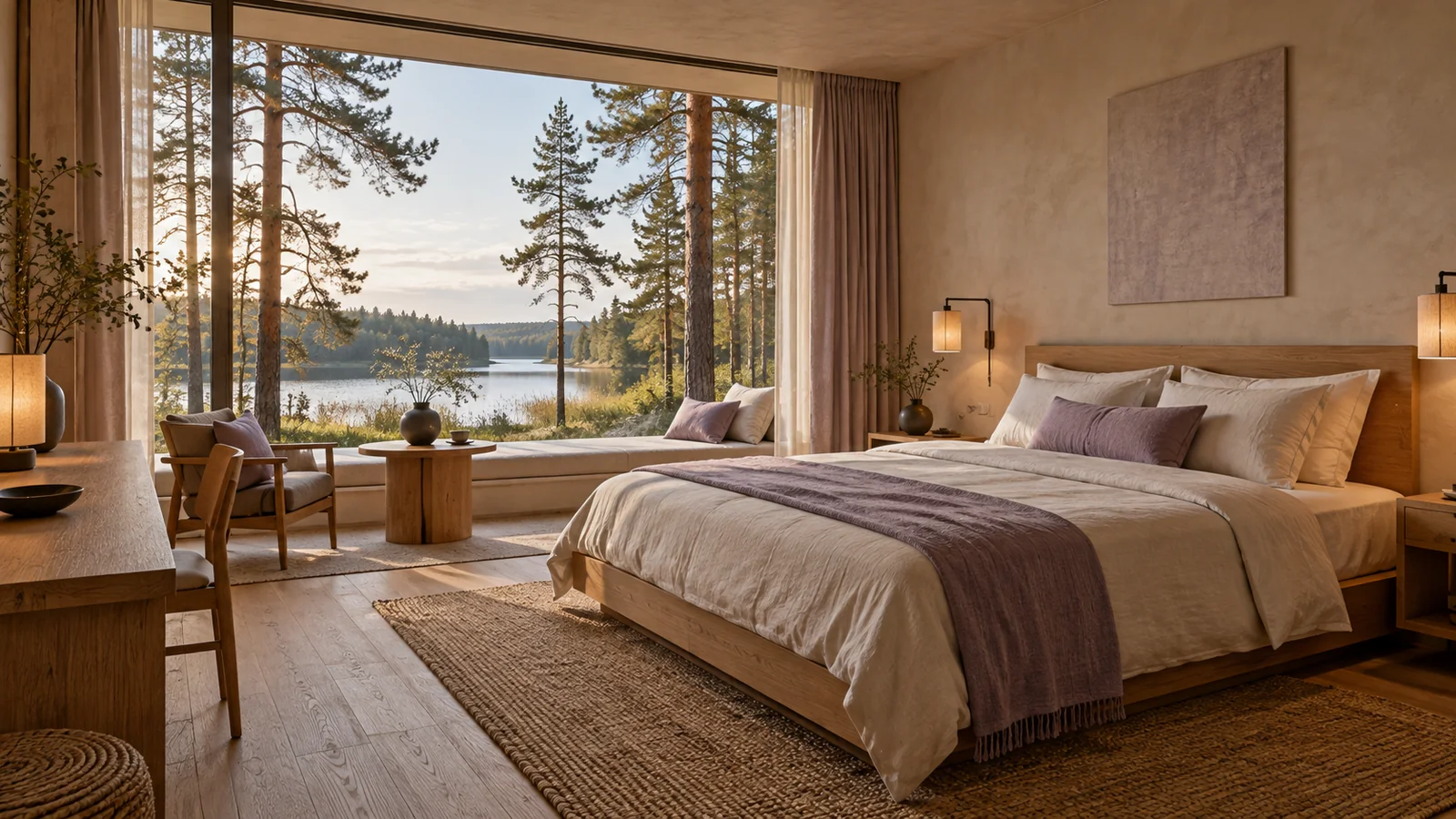 Konzept eines ruhigen Hotelzimmers mit Naturmaterialien und Blick auf den See