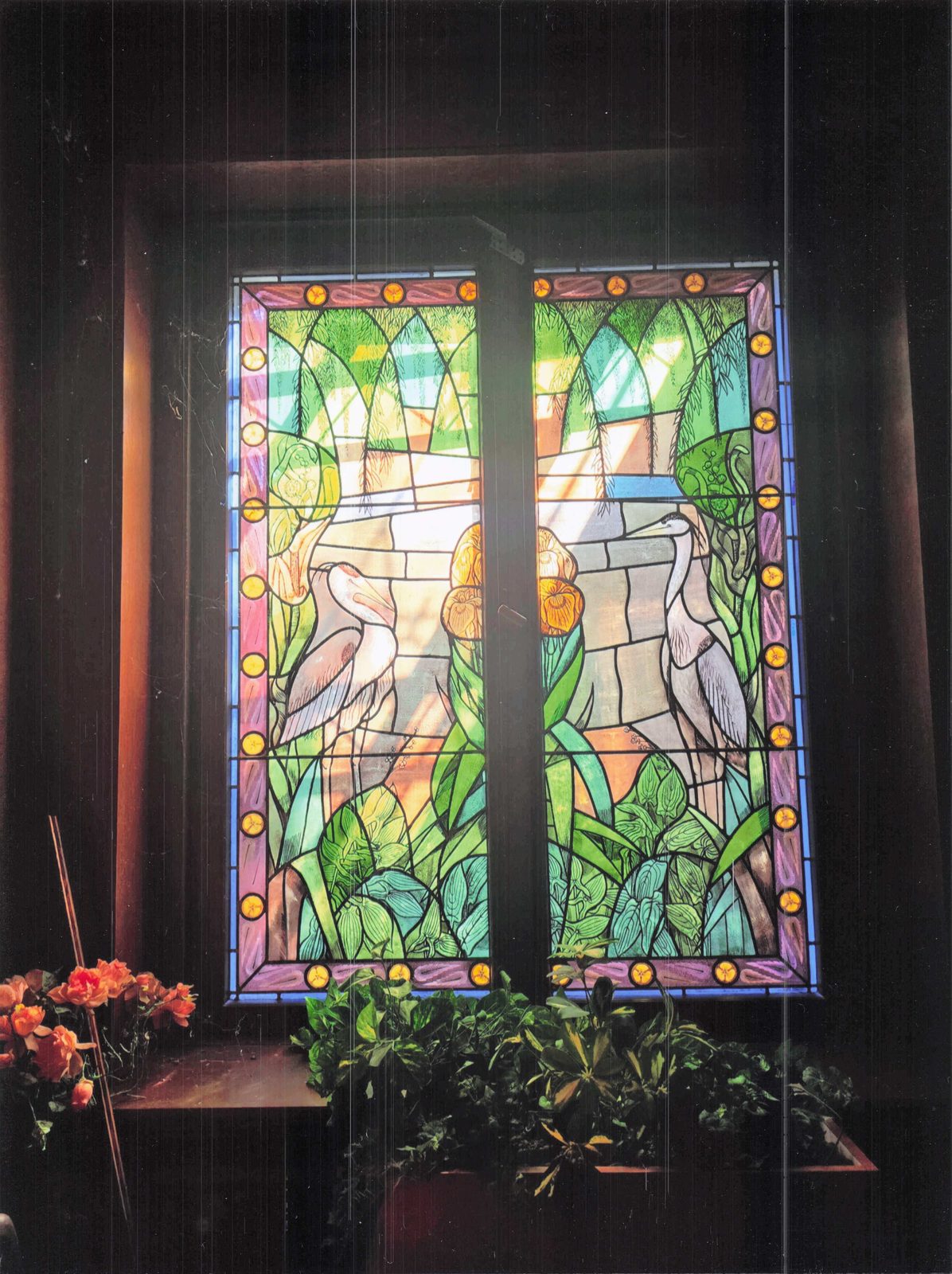 Jugendstil Bleiglasfenster mit Reiher, Waldhotel Seehof