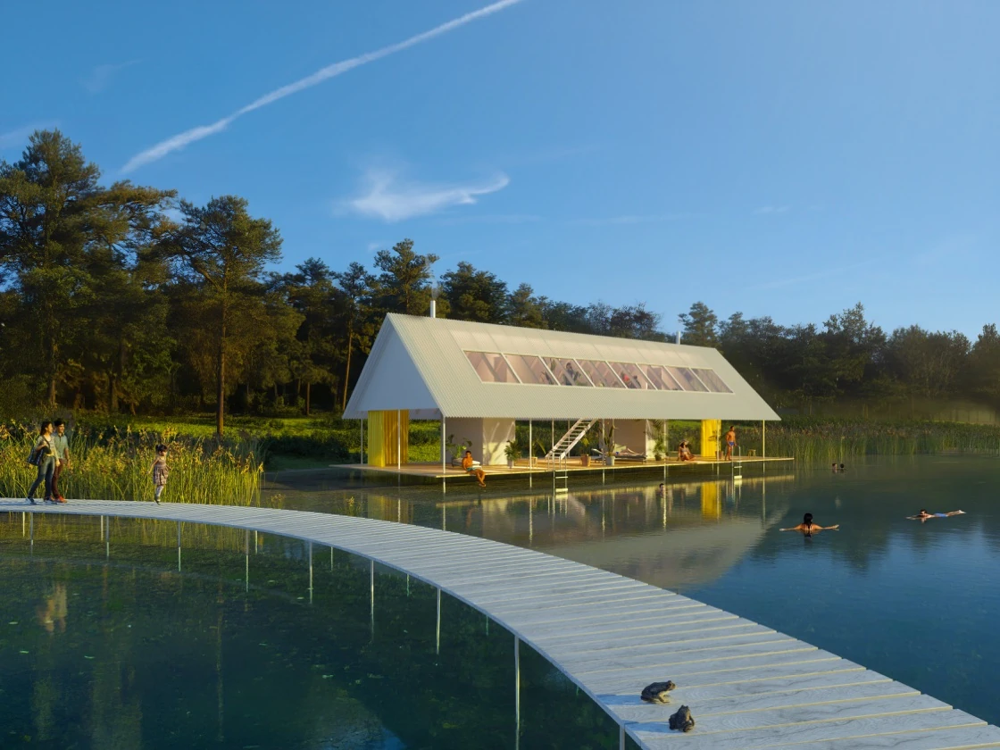 Architekturvision eines Badehauses am See mit Steg und offenen Aufenthaltsbereichen