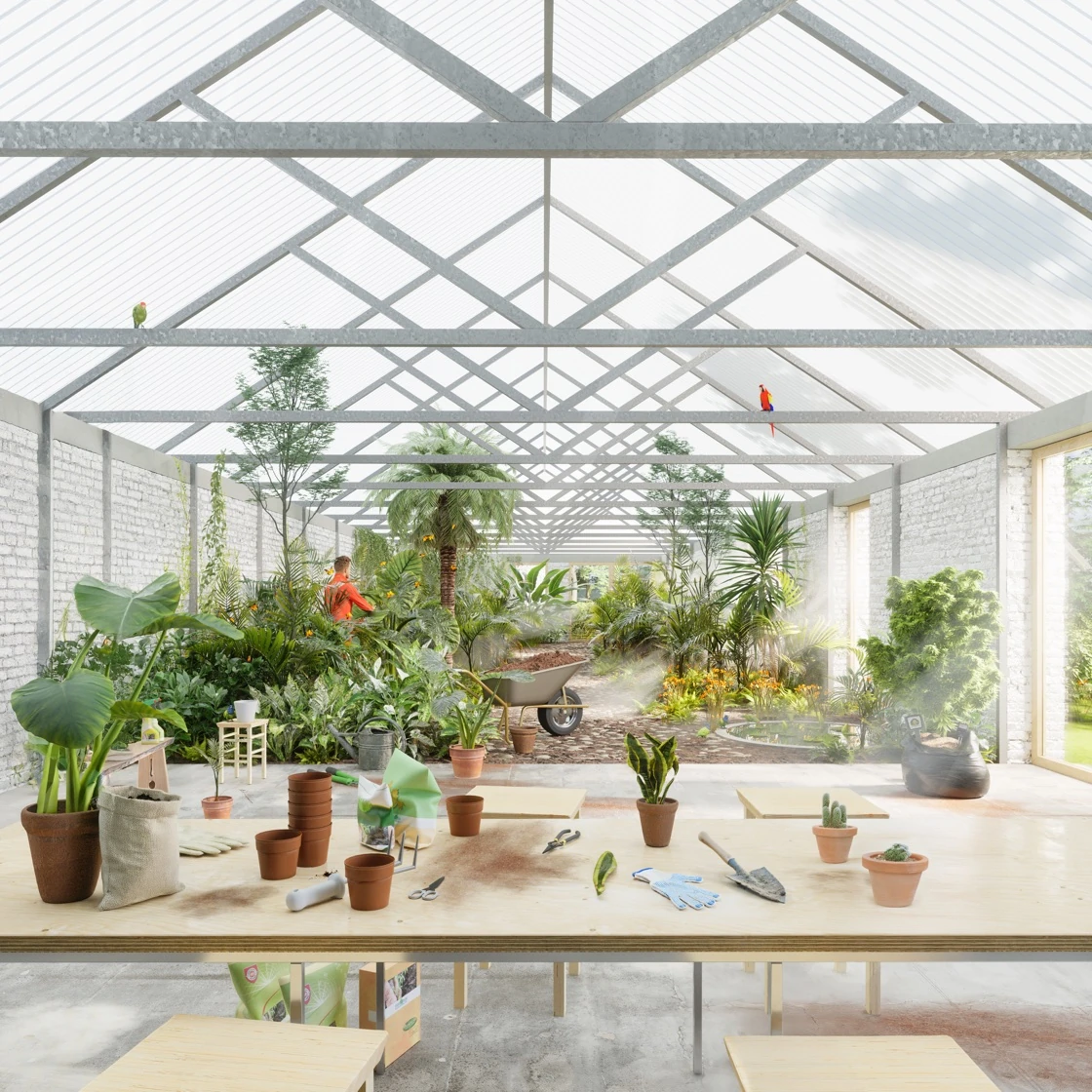 Architekturvision einer hellen Pflanzwerkstatt im Gewächshaus