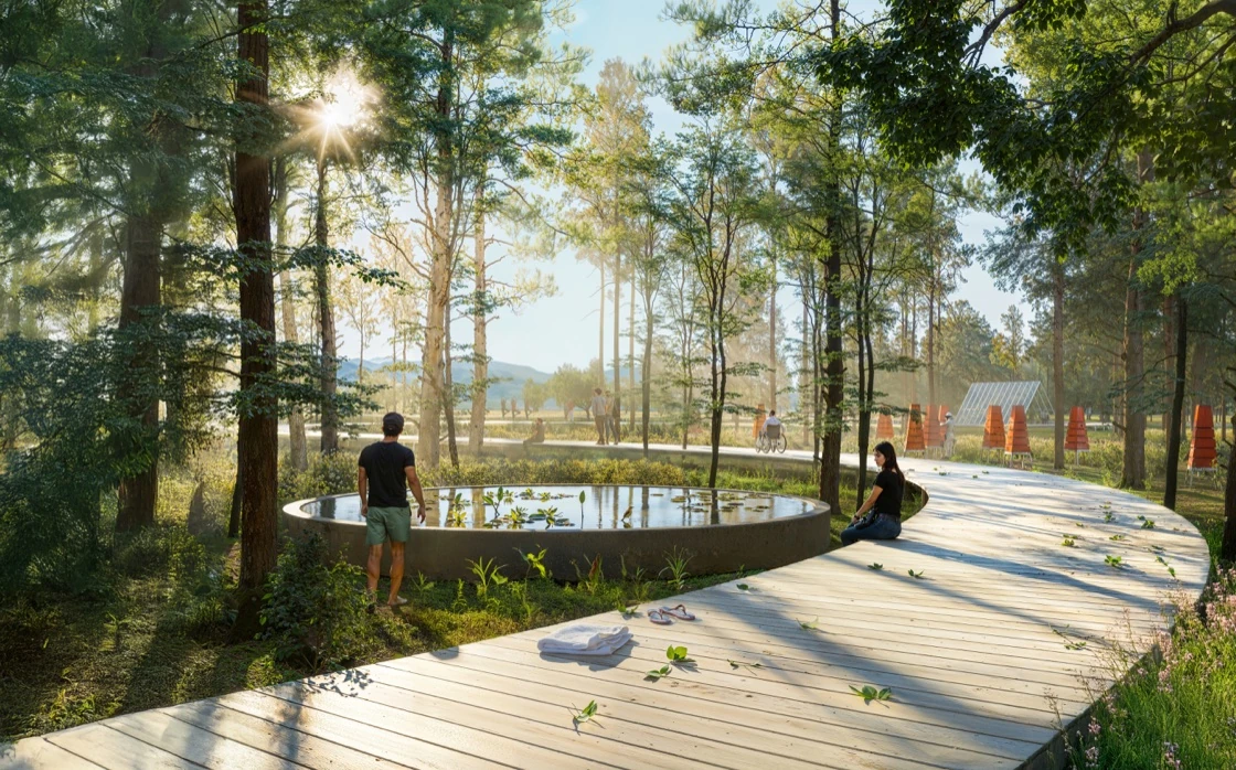 Architekturvision eines Naturpfads mit Holzsteg, Seerosenbecken und Lernstationen im Wald