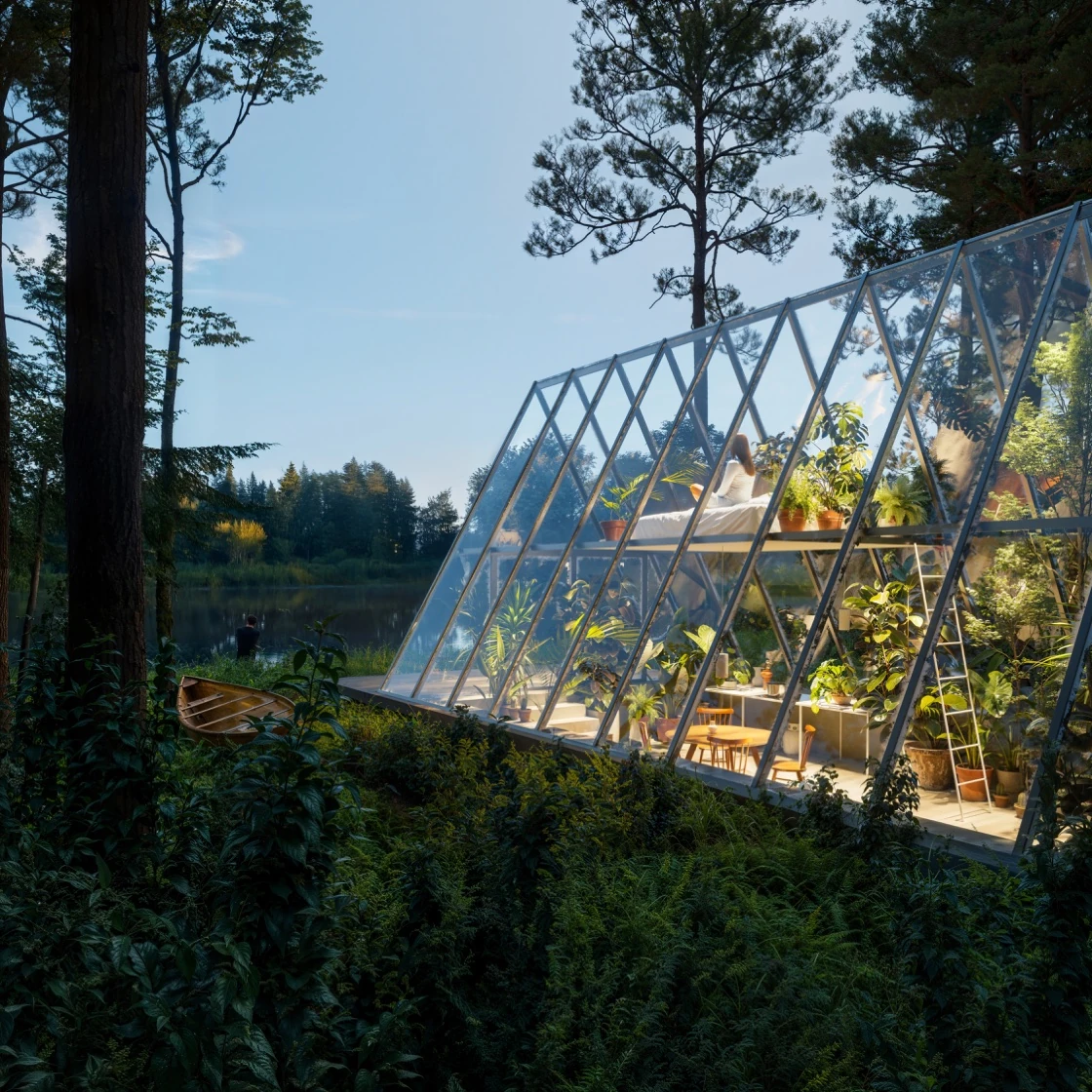 Architekturvision eines gläsernen A-Frame-Hauses im Wald am See