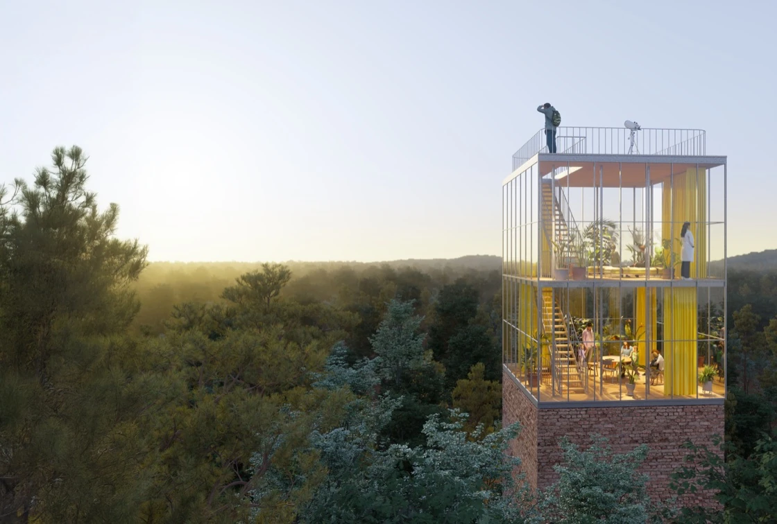 Architekturvision des Wasserturms mit gläsernem Aufbau und Aussicht über den Wald